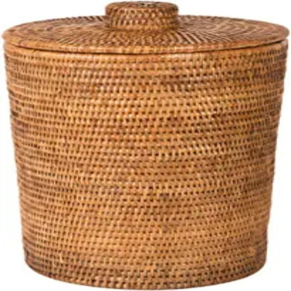 KEINXS La Jolla Rattan Round Plastic Insert & Lid, Large, Honey-Brown for Bedroom, Living Room and Bathroom Basket for Dry and Organic Waste