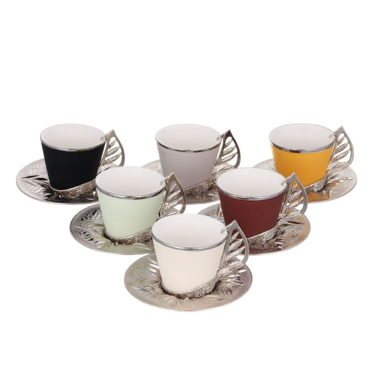 Elegant Turkish Coffee Cup Set with Metal Stand, 19 Pcs Colorful Coffee  Cups with Leaf Design Handles and Saucers, 6Arabic, Greek Coffee Cups