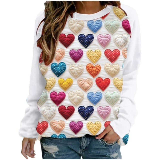 VALMASS Chandails en Molleton Col Rond pour Femmes Saint-Valentin Imprimé Floral Manches Longues Mode Décontractée Blouses Sans Capuche (S, Blanc)