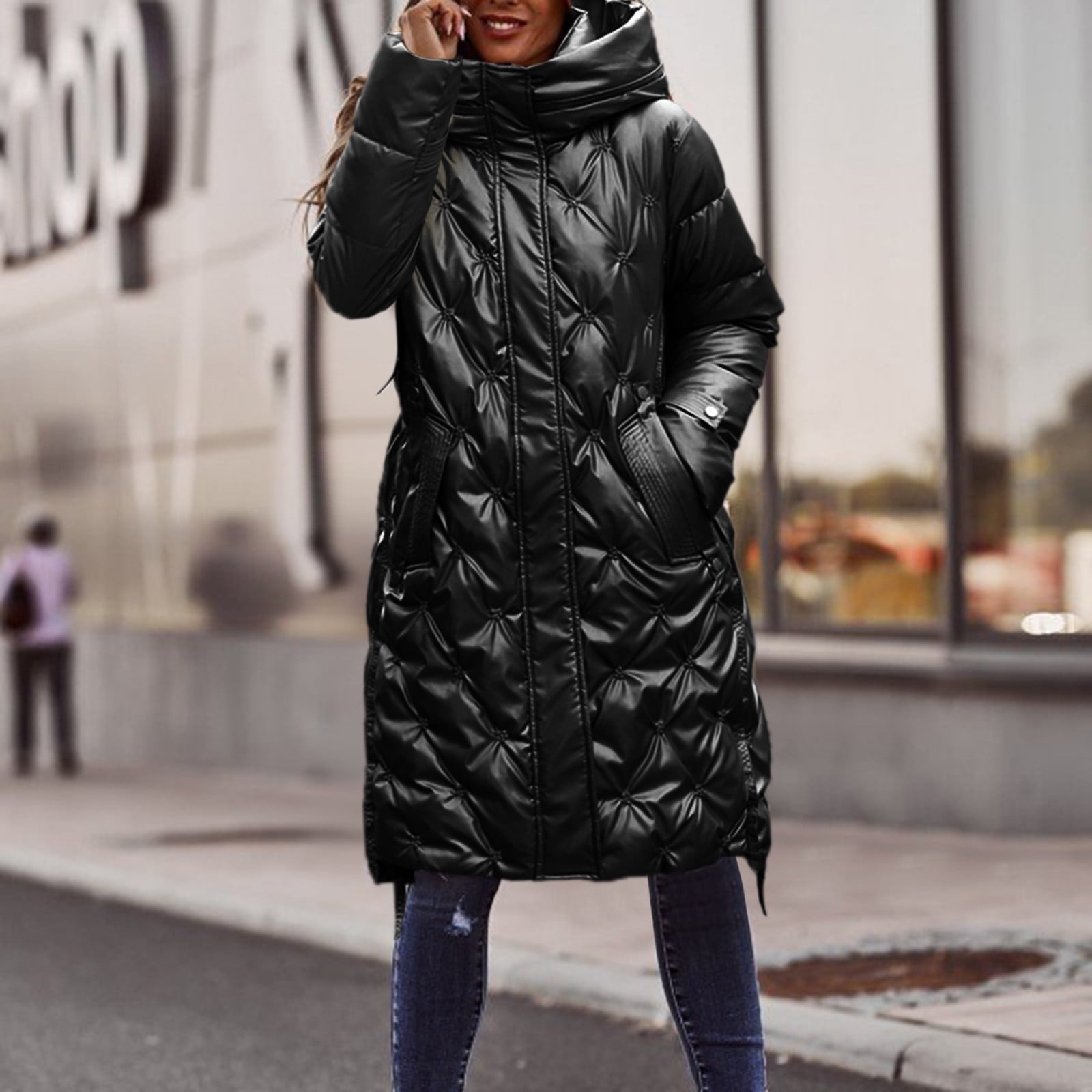 Beppter Women's Fashion Temperament Mid-Length Bright Embroidered Hooded Down Padded Jacket Slim Warm Cotton Padded Jacket Zip Warm Up Jacket Fleece