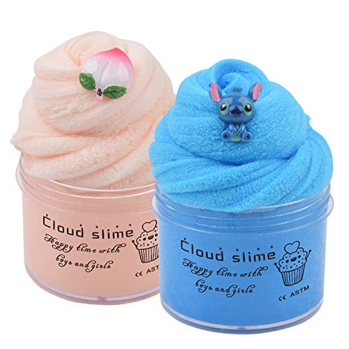 2 Pack Slime Birthday Party Decorations Scented Slime Cotton Mud DIY Sludge Toys for Girls Boys Blue Fluffy Floam Slime Premade with Stitch Charm Pink Fluffy Butter Slime Watermelon Charm