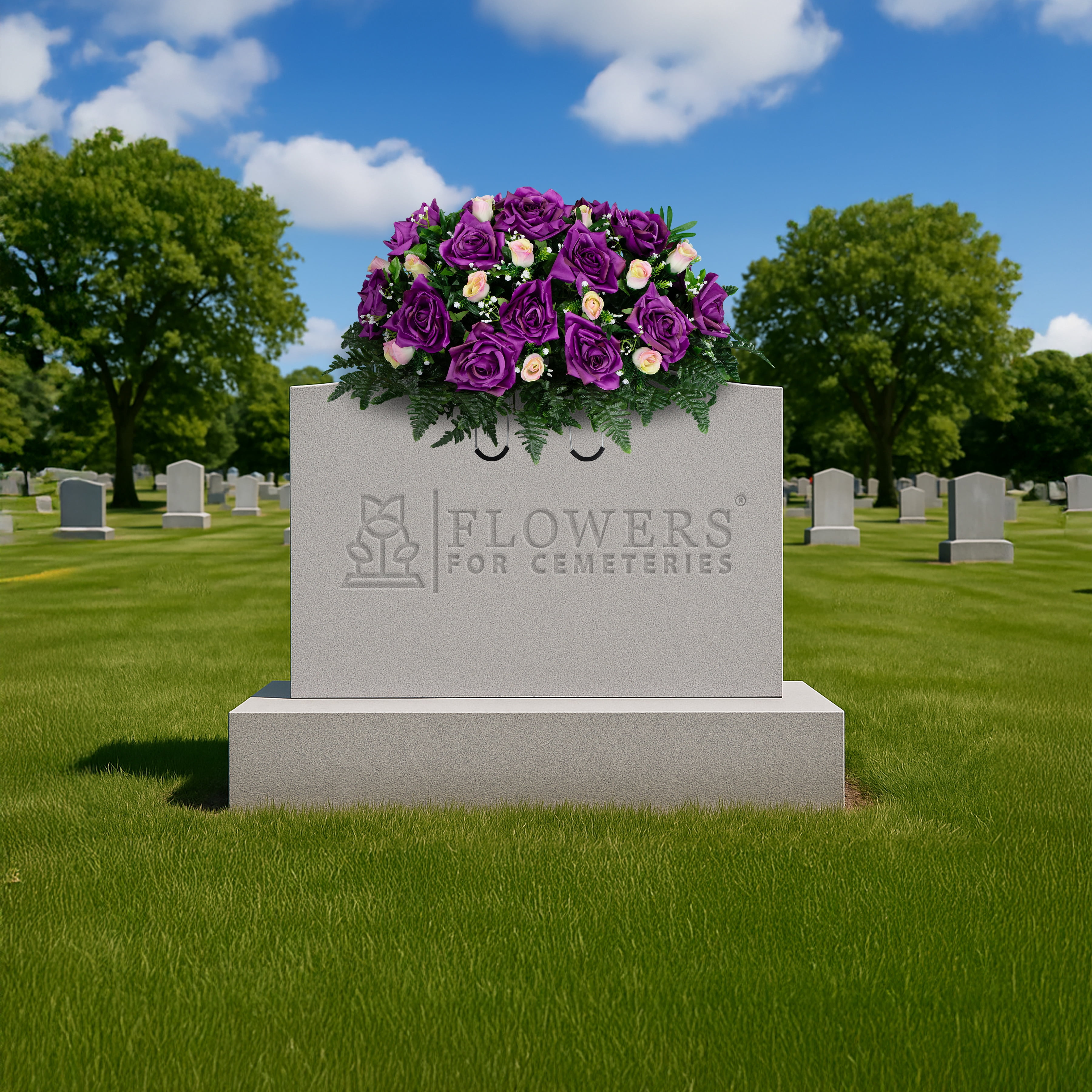 Sympathy Silks Artificial Cemetery Flowers - Purple Open Roses and Cream Pink Rose Buds - Outdoor Saddle for Headstone