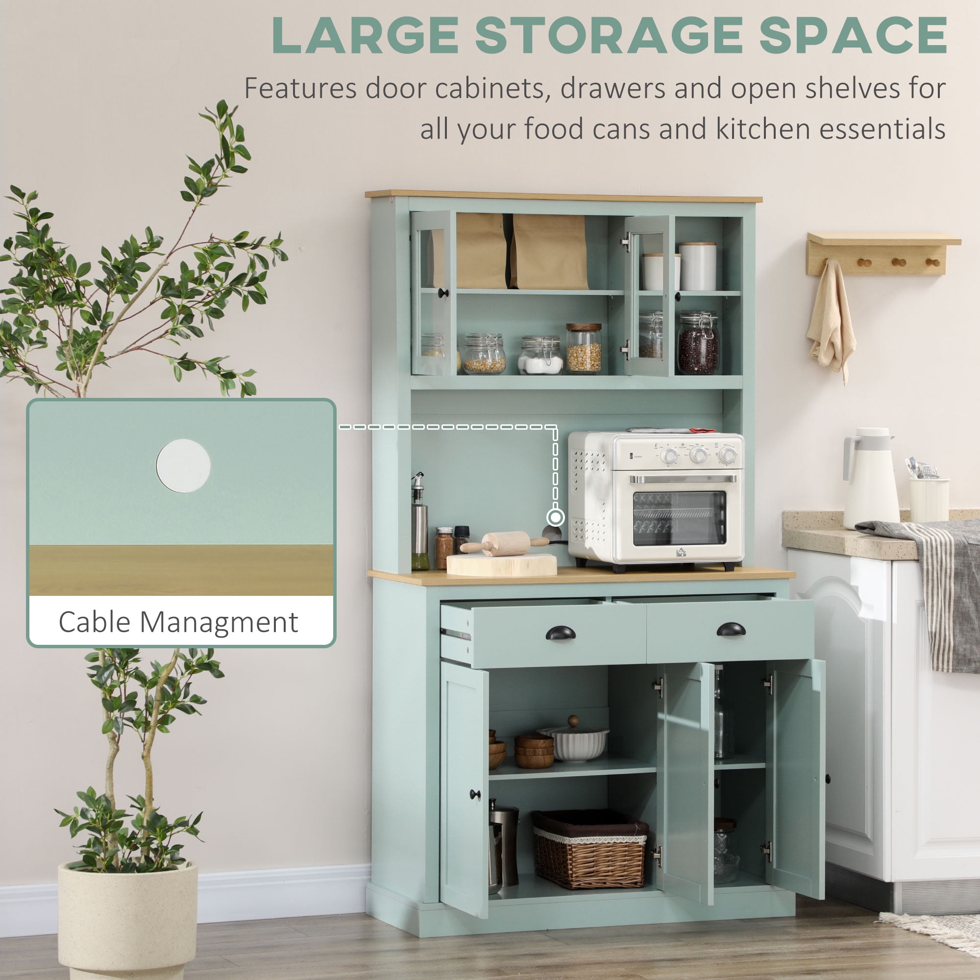 HOMCOM 71" Freestanding Pantry, Kitchen Buffet with Hutch, Modern Storage Cabinet with Drawers, Glass Doors, and Adjustable Shelves, Light Green