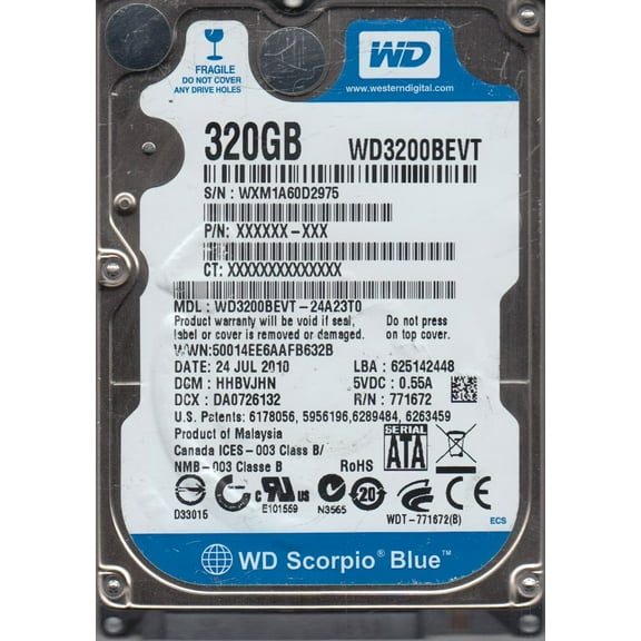 WD3200BEVT-24A23T0, DCM HHBVJHN, Western Digital 320GB SATA 2.5 Hard Drive