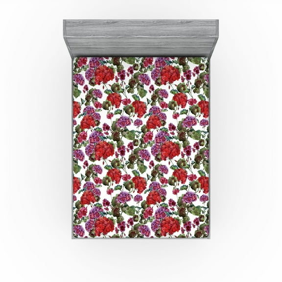Ambesonne Vintage Fitted Sheet, Watercolor Geranium Flowers, California King, Peacock Green Raspberry