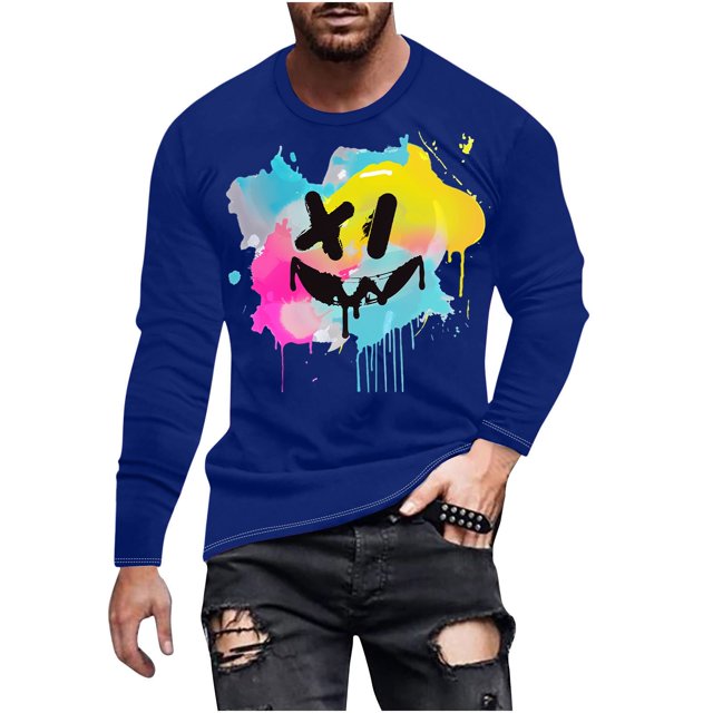 Haut Imprimé pour Homme, Manches Longues à Col Ras du Cou, Haut Chemise Visage Souriant