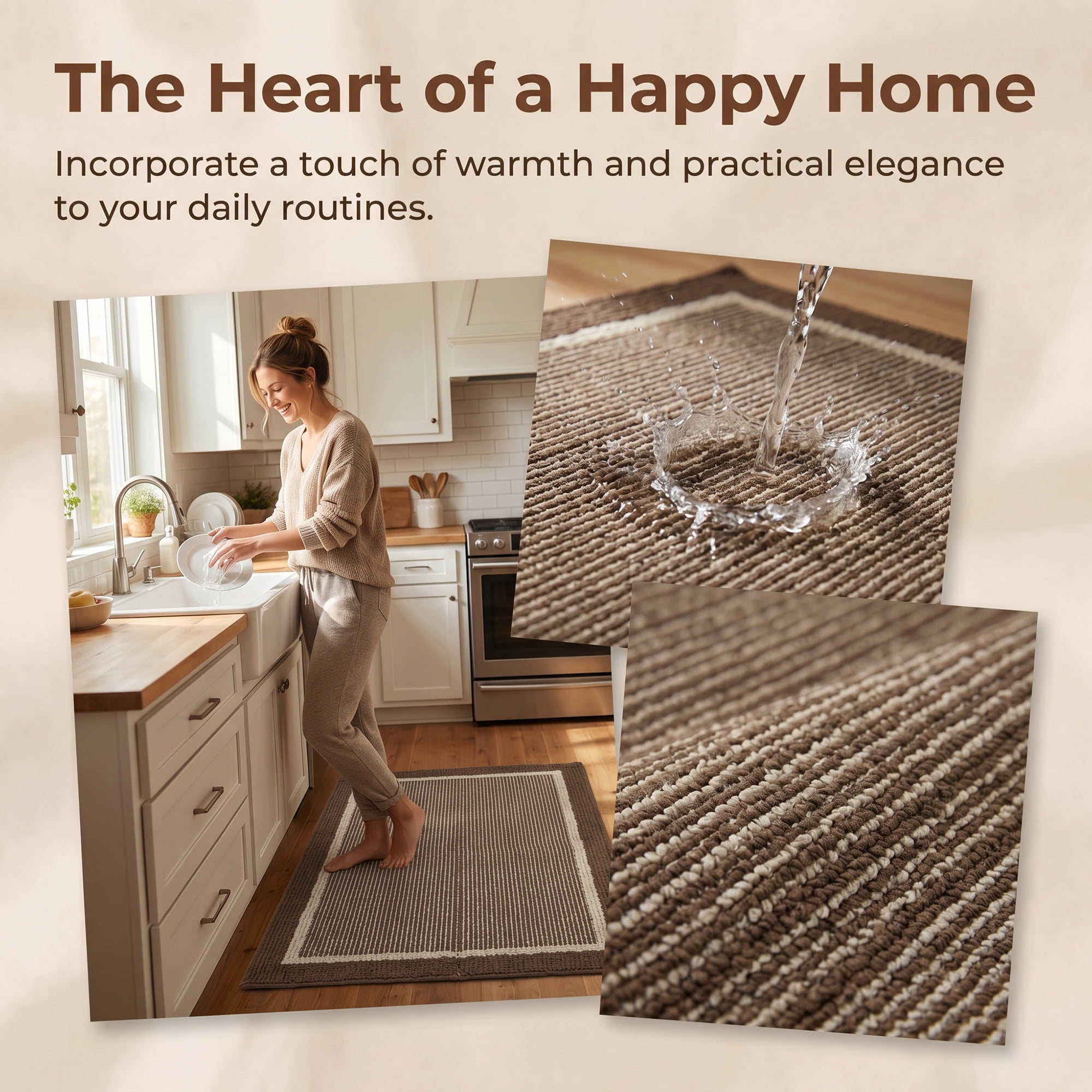 Unique Bargains Striped Polypropylene Non-Slip Absorbent Kitchen Rug Brown 35" x 24"