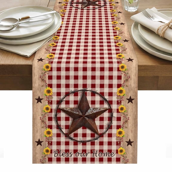 Texas Star Sunflower Table Runner - 48 Inch Long, Kitchen Dining Table Runner Dresser Scarves, Farmhouse Country Plaid Brown Farmhouse Decor for Coffee Tables Wedding Party Banquet