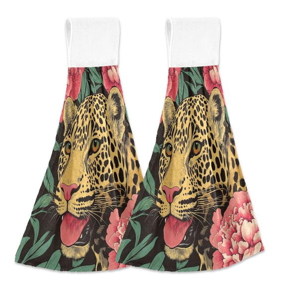 BZSMCE Hanging Hand Towels Fashion Leopard & Flowers Pattern 2-Pack - Velcro Style Bathroom Kitchen Towels