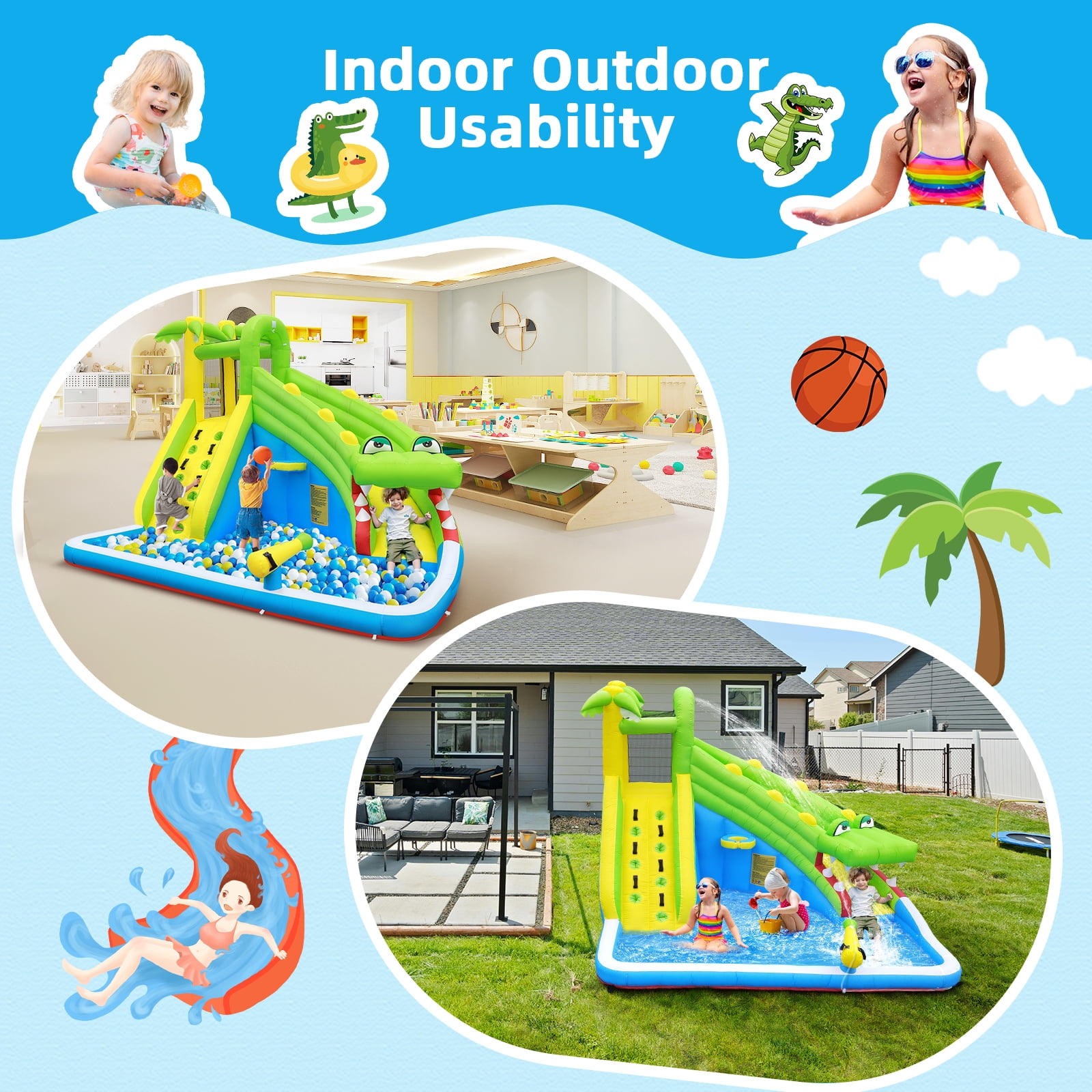 Inflatable Water Slide：5 in 1 Crocodile Bounce House Water Park for Kids - Climbing Wall Splash Pool Water Cannon Basketball Rim - 480W Blower - for Indoor Outdoor Backyard Birthday Party