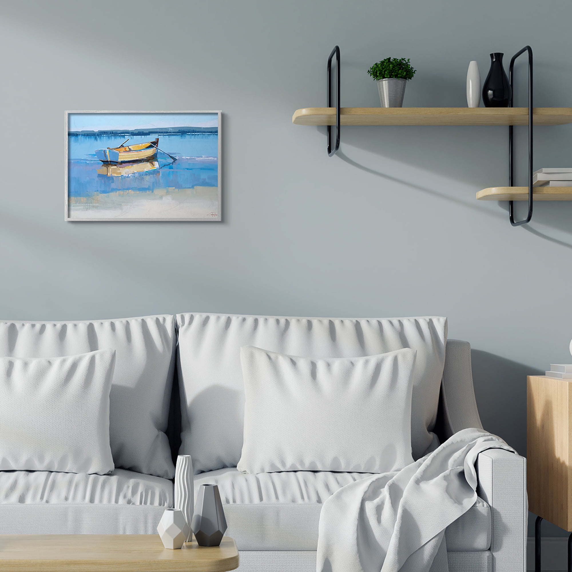 Stupell Industries Row Boat on Blue Coastal Shore Beach Landscape Grey Framed, 16 x 20, Design by Craig Trewin Penny