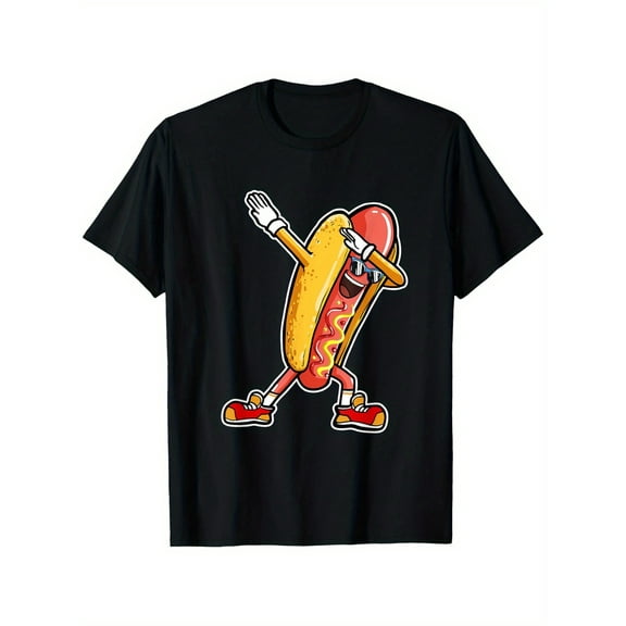 Men's Dabbing Hotdog Graphic T-Shirt - 100%, Black Crew Neck, S-XXXL, Ideal for Casual Wear & Gifts, Perfect for Dad, Family, Friends at Football Games, Valentine's Day, Thanksgiving