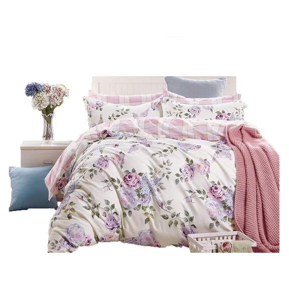 Pink- Roses 3-Piece 100% Cotton Bedding Set: Duvet Cover and Two Pillow Shams (Queen)