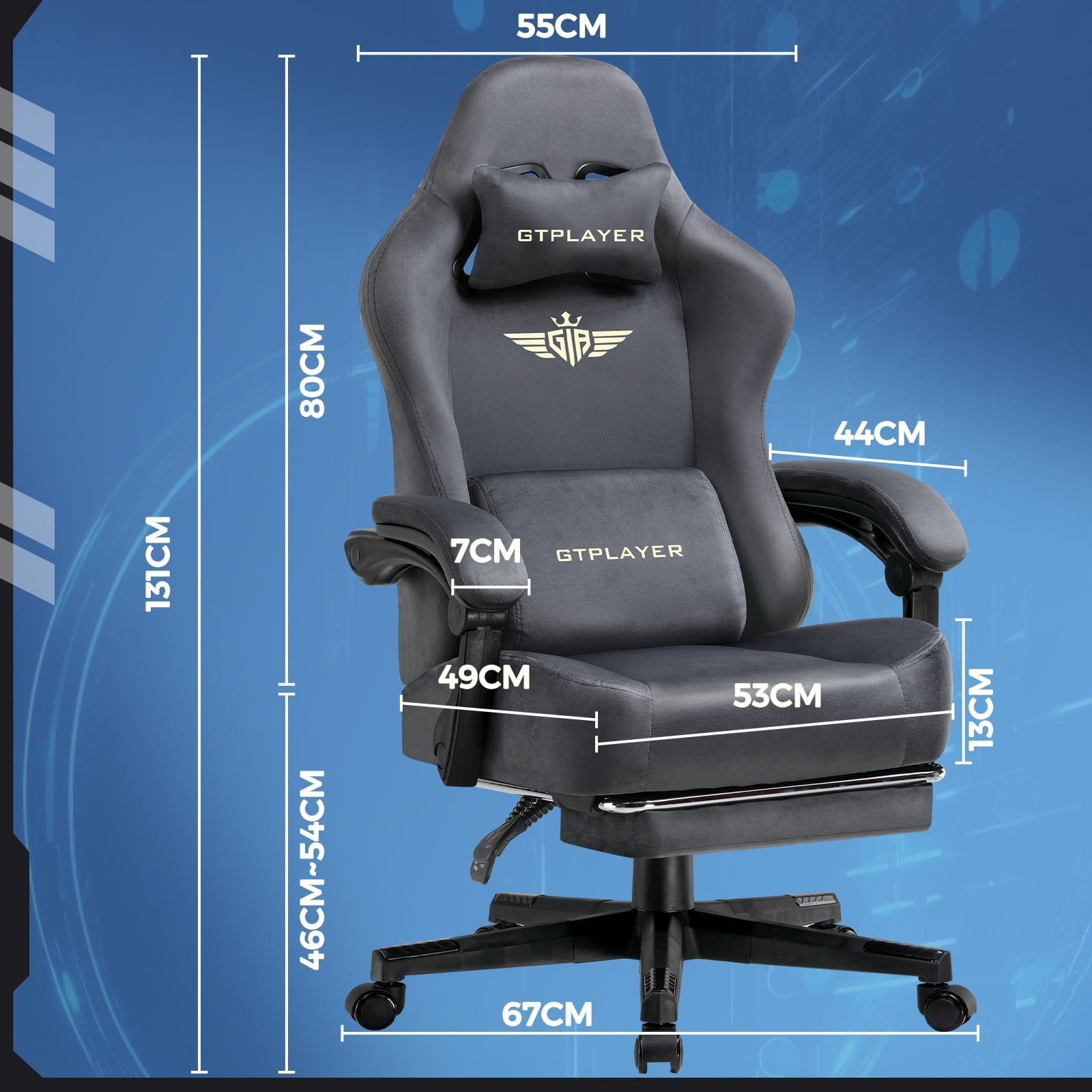 GTPLAYER Big & Tall Fabric Swivel Gaming Office Chair with Pocket Spring Cushion and Footrest, Gray