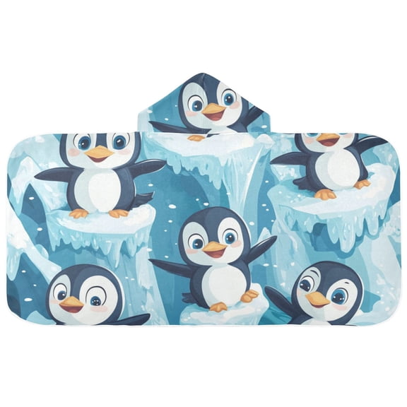 Cute Penguins on Ice Hooded Beach Towel Kids Bath Towels Quick Dry for Pool Swiming 50" x 23.5" Microfiber Soft Bathrobe