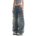 thumbnail image 6 of Audhol Denim Cargo Pants for Women Women's Retro Jeans with Multiple Pockets Loose Straight Leg Pants Street Cargo Pants Cargo Jeans Blue L, 6 of 9