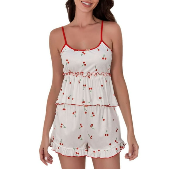 Fengactive Cherry Print Pajamas for Women Set 2 Piece Sexy Ruffle Tops and Shorts Sleepwear Summer Lounge Sets