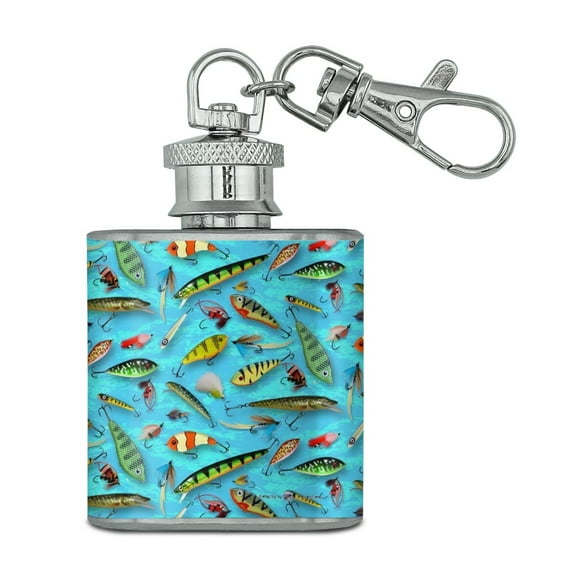 Fishing Flies Lures Fish Pattern Stainless Steel 1oz Mini Flask Key Chain