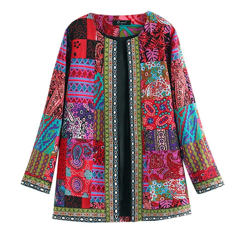 Betiyuaoe Womens Coats CardigansVintage Ethnic Style Floral Print Long Sleeve Plus Size Cotton Jacket Coat
