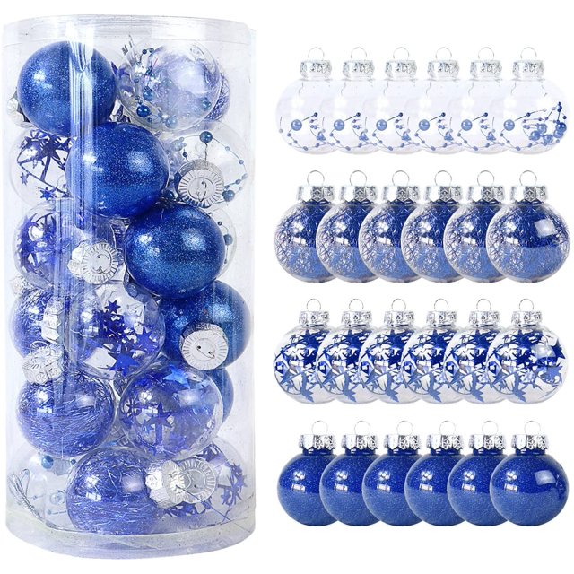 24PCS Decoración del Día de Navidad 6cm/2.36" Juego de Bolas Transparentes de Plástico de Color Juego de Bolas Pintadas Inastillables Colgante de Árbol de Navidad para el Hogar Suministros Navideños (Azul) ER
