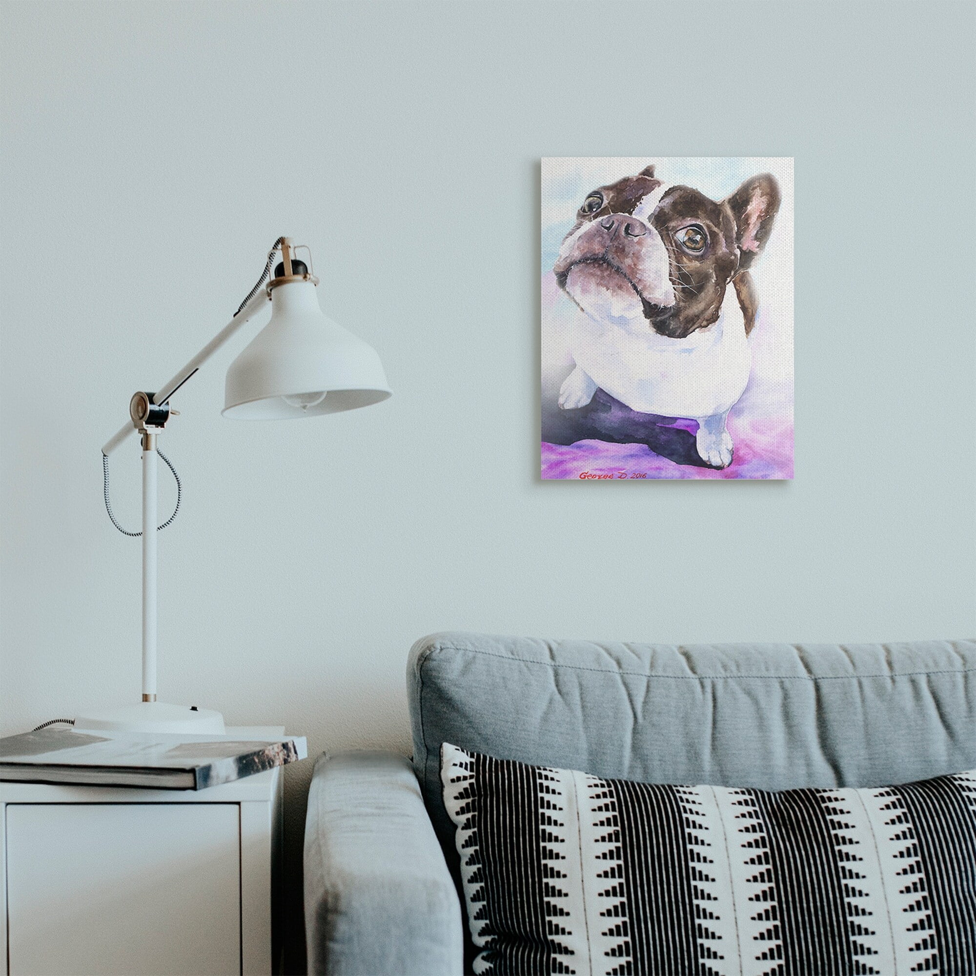 Stupell Industries Happy Boston Terrier Pet Dog Portrait Black Purple Canvas Wall Art, 24 x 30, Design by George Dyachenko
