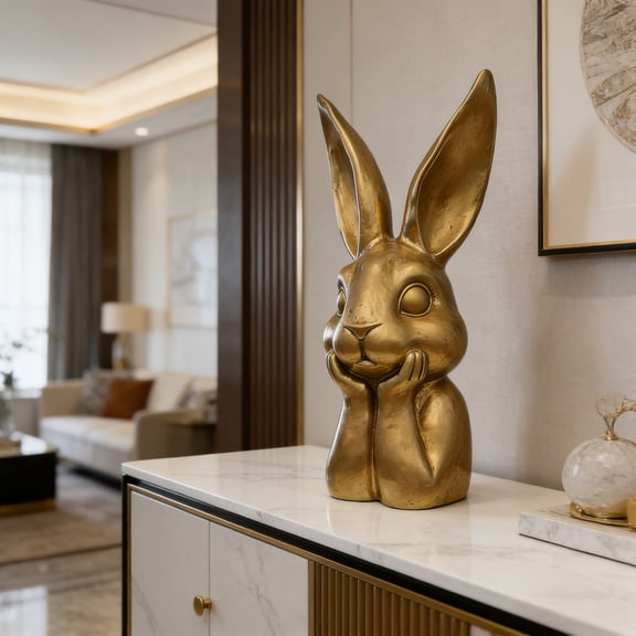 Gold Easter Bunny, Thinking Gold Bunny Figurine for Easter Table Decor, Resin Rabbit Statue, Gold Bunnies Decor for Spring Centerpieces, Vintage Bunny Figurines and Statues