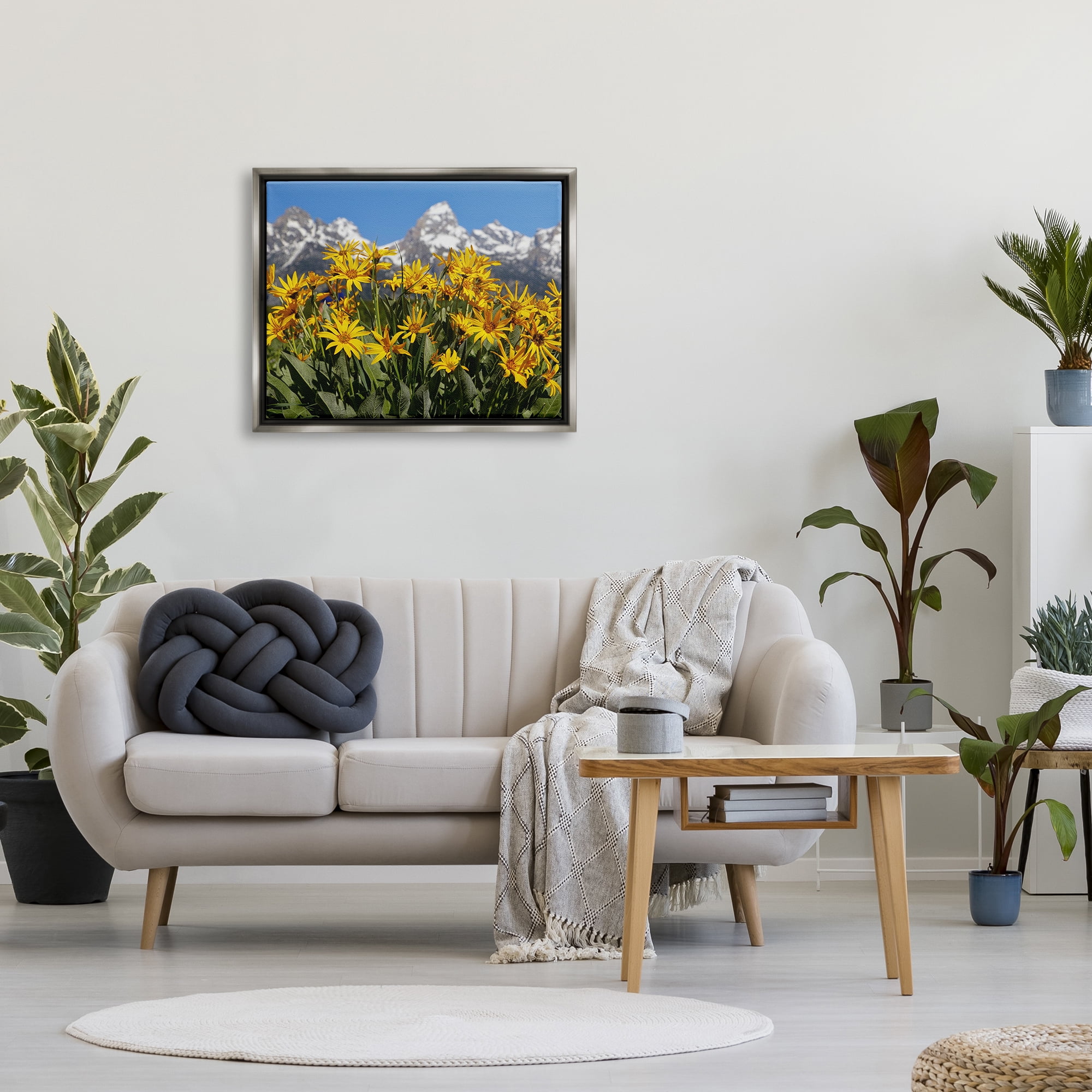 Stupell Industries Daisy Meadow & Mountains Landscape Photography Gray Floater Framed Canvas Art Print Wall Art, 31 x 25