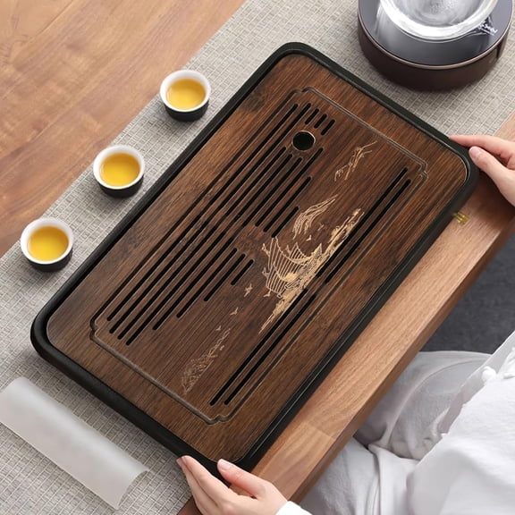15 Inch  Gongfu Tea Tray with Water Drainage - Elegant Tea Serving Set for Tea Lovers