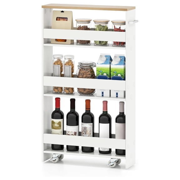 Small Kitchen Cart, 4-Tier Slim Rolling Island with Handle, Laundry Room Storage Between Washer and Dryer, Kitchen Organizers & Storage Cart, Narrow Spice Rack on Wheels Next to Fridge