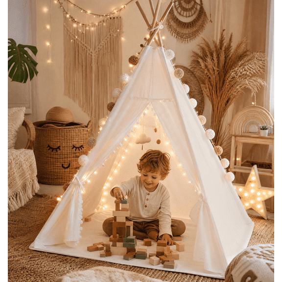 BSHAPPLUS® Kids Teepee Play Tent, White Pom-Pom Teepee Tent for Children with Storage Pockets, Mesh Window, Anti-Slip Wood Poles, Indoor Outdoor Play House for Toddler Boys Girls