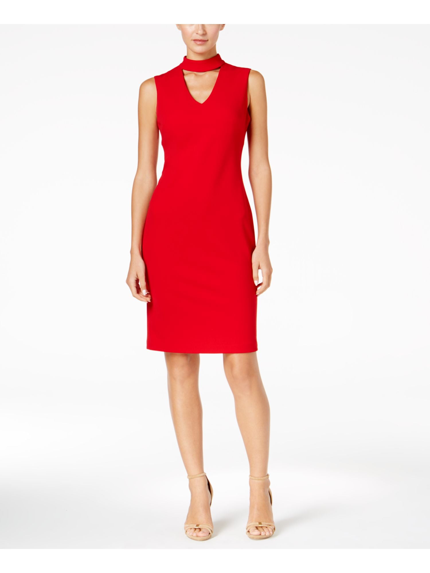 CALVIN KLEIN $134 Womens New 1040 Red Crepe Choker Sheath Dress 14 B+B -  