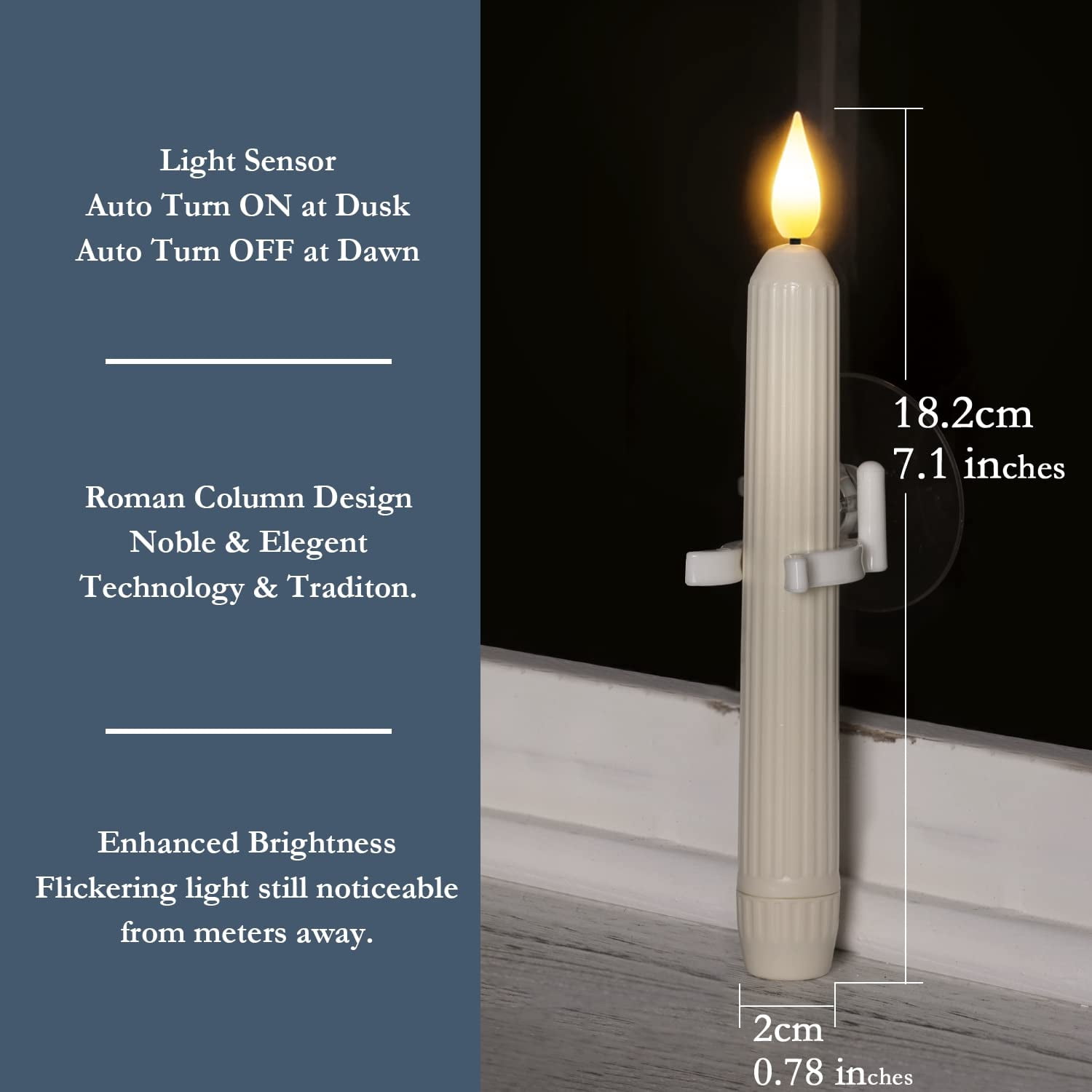 Premium 6-Pack Christmas Window Candles - Roman Column Battery Operated Candles with Dusk-to-Dawn Sensor & Suction Cups, Ivory Striped Flameless Taper Candles for Holiday Decor