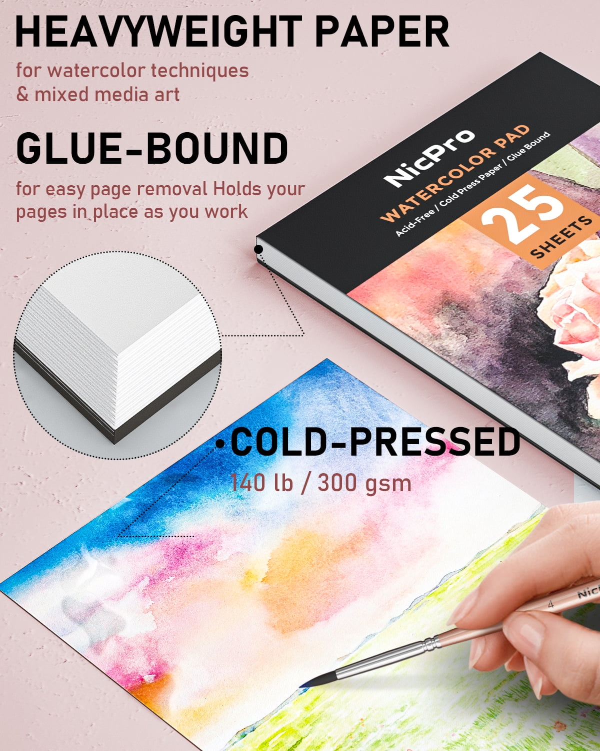 Nicpro 48 Colors Watercolor Paint Set with 8 Pcs Painting Brushes, 25 Sheet Water Color Paper, 2 Water Brush Pens, Palette, Sponge, Art Supplies Kit with Gift Box