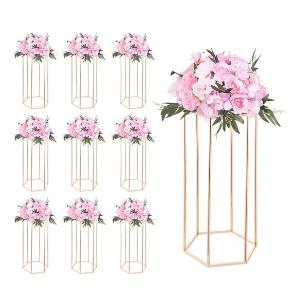 KFFKFF Set of 10 Gold Floral Display Stands, 23.62-inch Column Design with Acrylic Panels, Hexagonal Shape for Weddings, Parties, Birthdays, and Home Décor