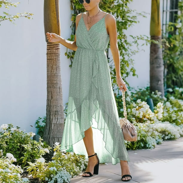 Summer Long Dress Women s Lightweight Flowy Beach Dress Printed Casual V Neck High Low Ruffle Hem Holiday Dress Walmart