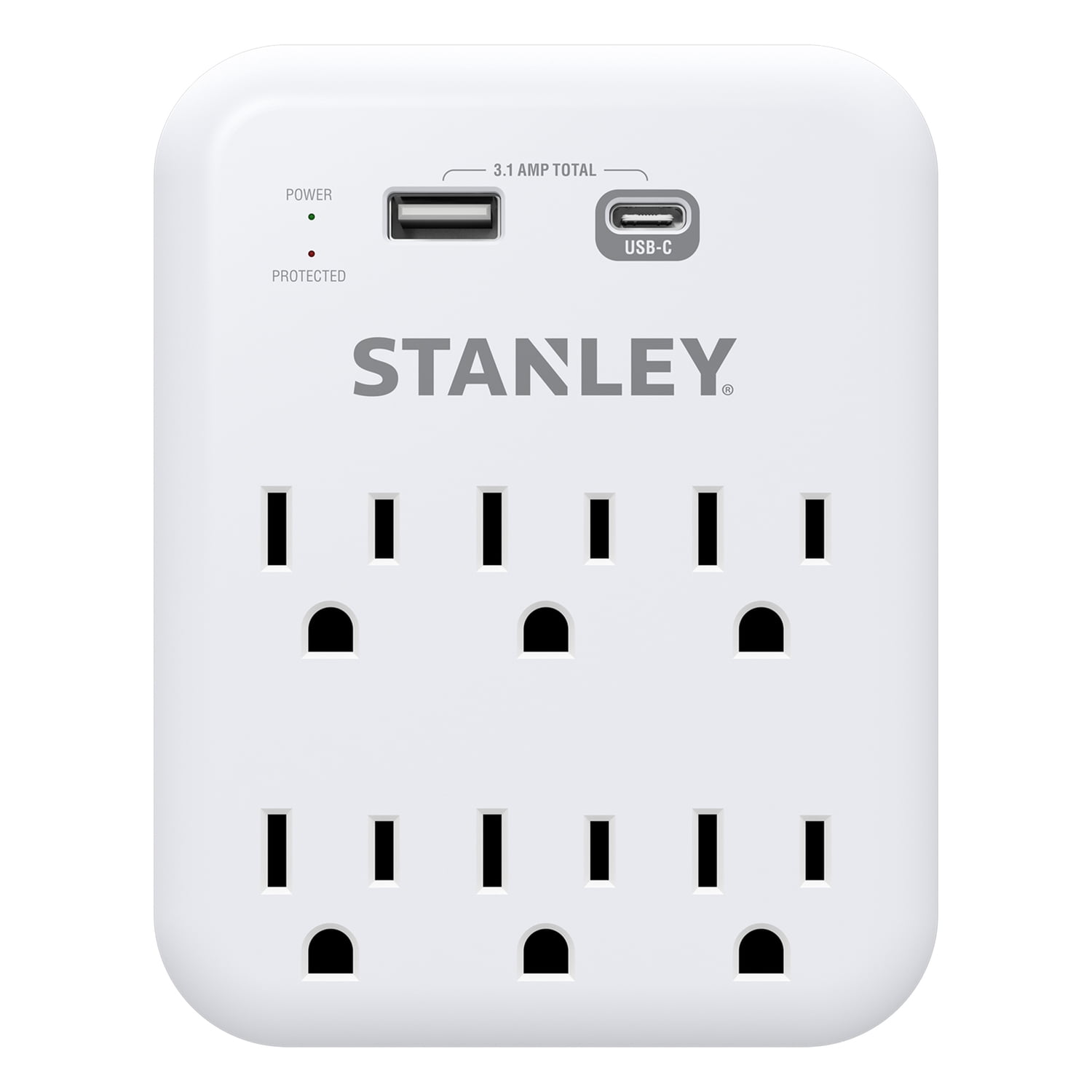 STANLEY 6-AC Outlet 2-USB Port 1,200-Joules SurgePro 1200 USB Extreme Surge Protector Wall Tap Adapter with Integrated Phone Shelf, 30426