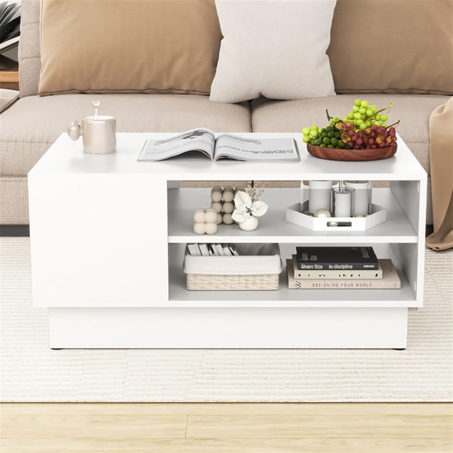 Demi Bonn Modern Coffee Table, Dining Center Tables with 2-Tier Open Storage Shelves for Living Room, Bedroom, Office and Balcony, White
