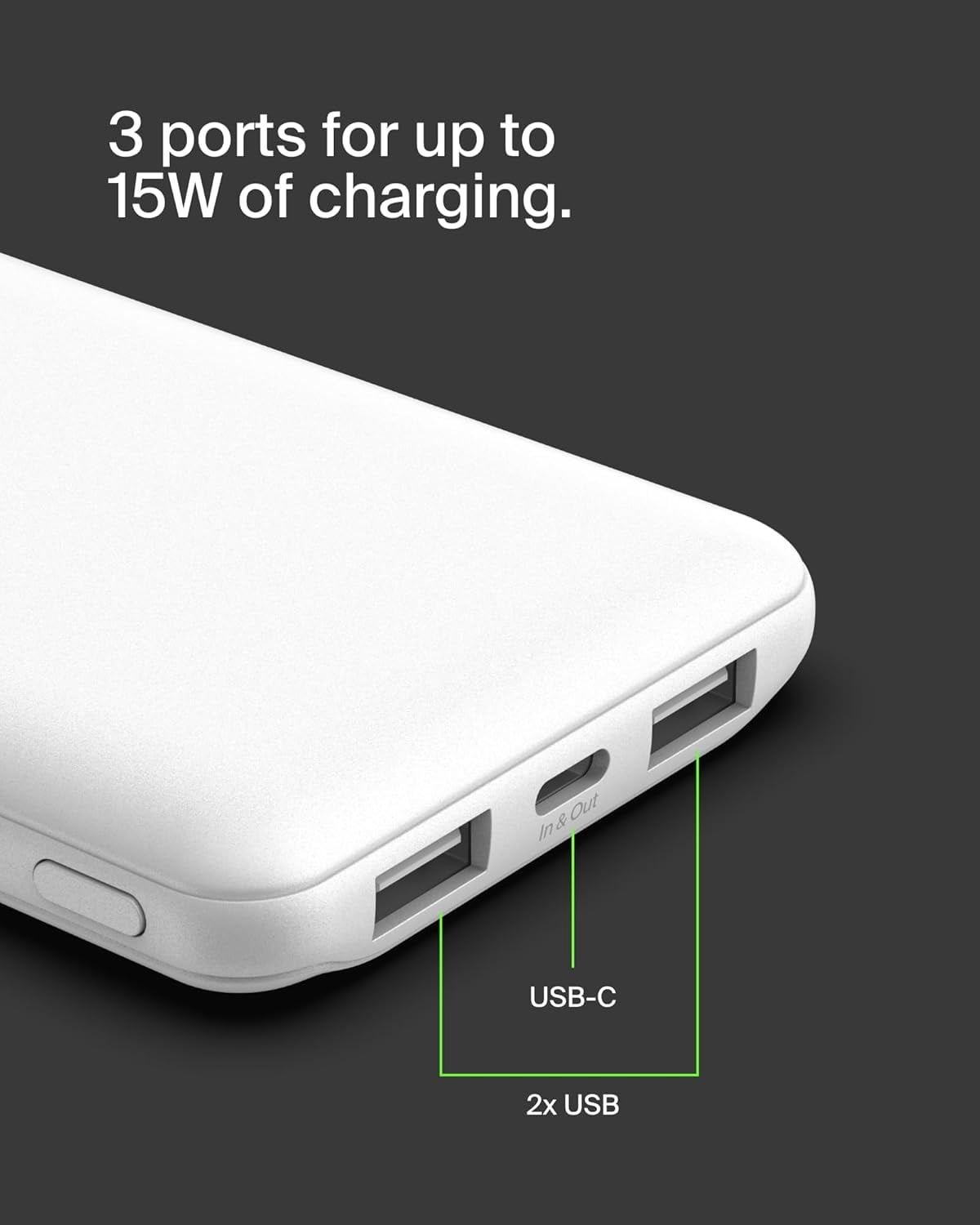 Belkin Portable Charger, USB-C Power Bank 10k w/ 1 USB-C Port and 2 USB-A Ports with USB-A to USB-C Cable for iPhone 16, 16 Plus, 16 Pro, 16 Pro Max, Samsung Galaxy S24, & More - White
