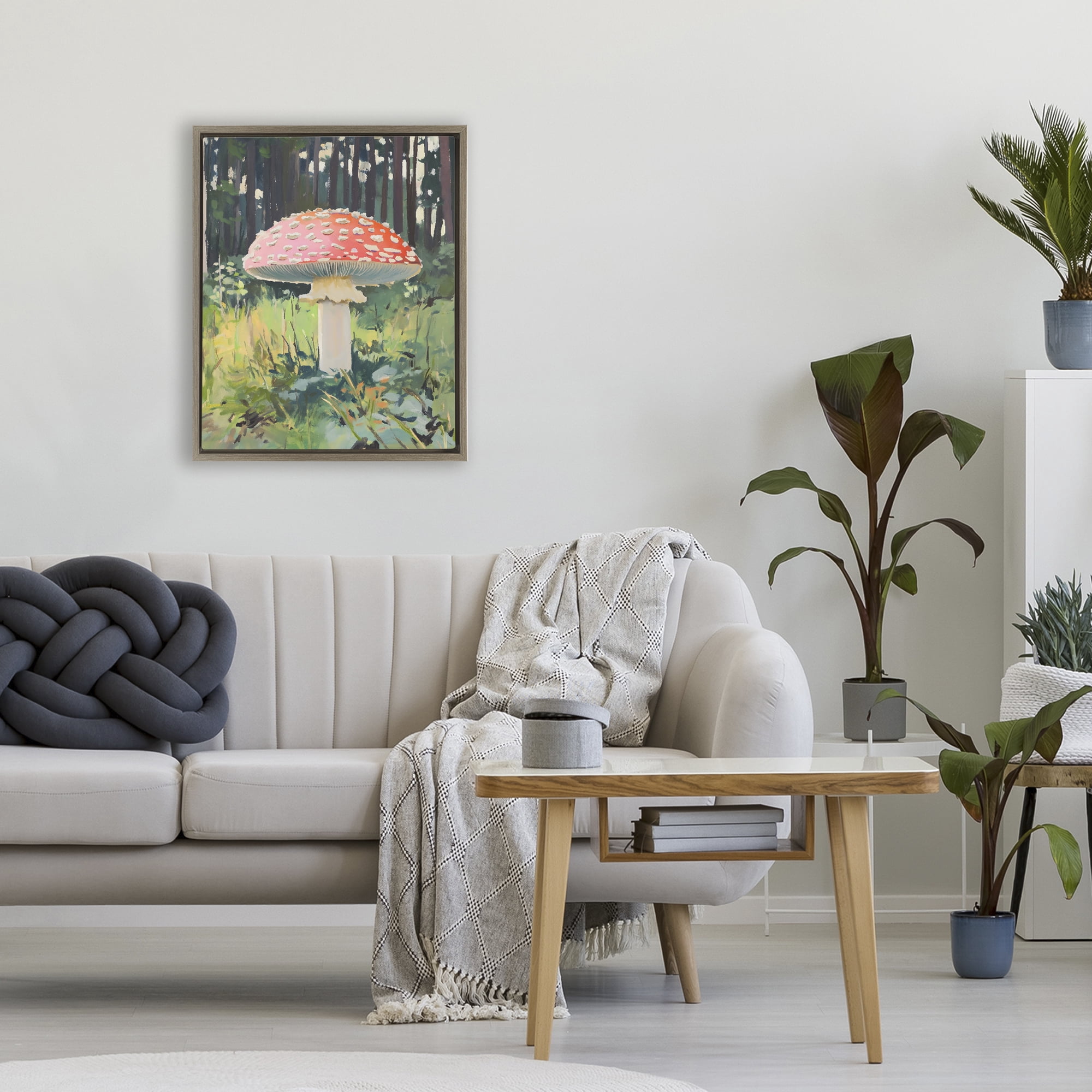 Stupell Industries Red Mushroom in Sunlit Forest Brown Framed Floater Canvas Wall Art, design by The Prints Vibe