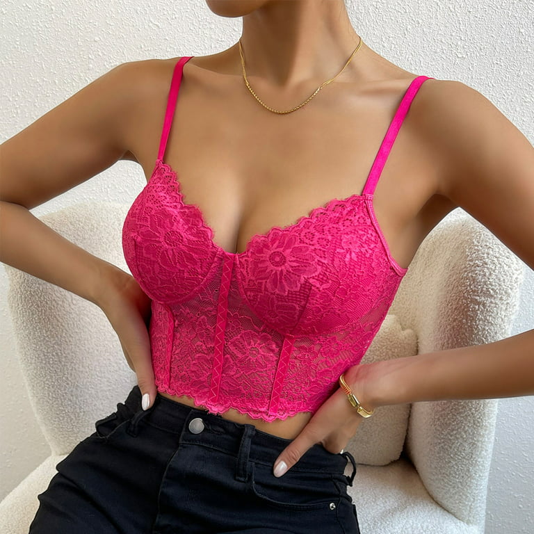 Lace Corset Crop Tops for Women Womens Lace Perspective Sexy Sleeveless  Tops Tank Tops Slim Sling Shapewear Tops Hot Pink XS