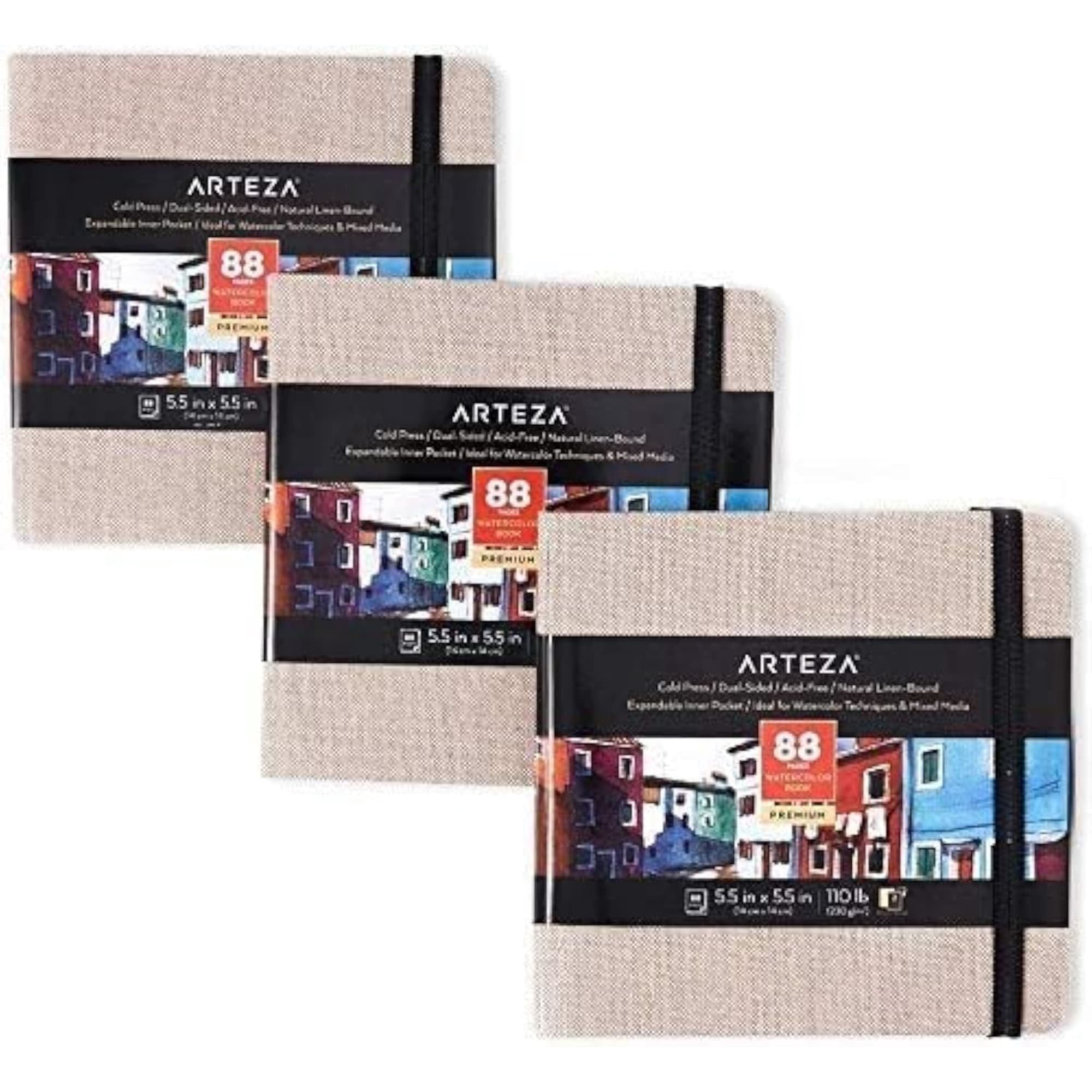 Arteza 5.5" x 5.5" Hardcover Watercolor Sketchbook, 88 Pages, Gray, Set of 3
