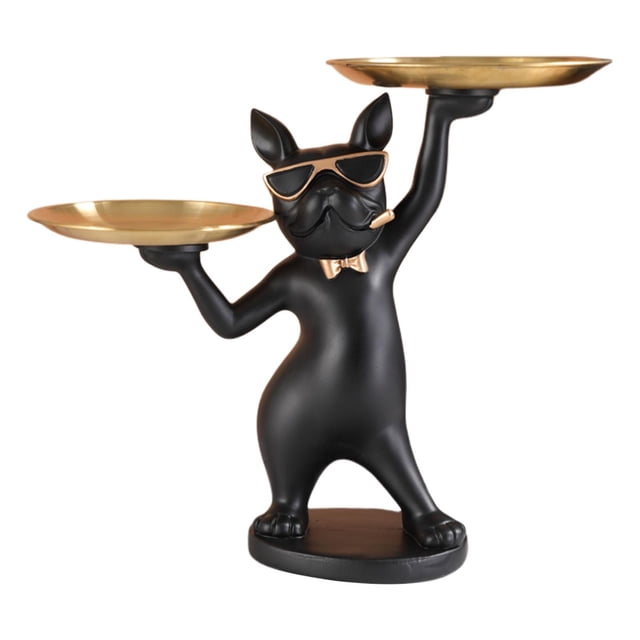 Bandeja con estatua de bulldog a la moda para decoración del hogar, soporte para aperitivos, decoración de mesa negro