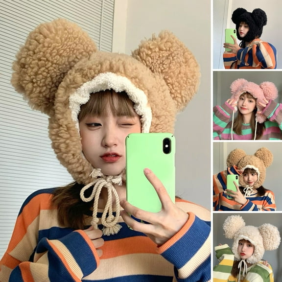 Naierhg Beanie Women Winter Hat Unisex Cartoon Thicken Bear Head Shape Solid Color Windproof Photo Props Bear Ears Women Men Beanie Women HeadwearBeige