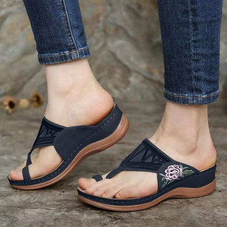 

Aayomet Sandals for Women Buckle Heel Size Wedge Sandals Large Clip Female Finger Embroidered Comfortable Women s sandals Black 9