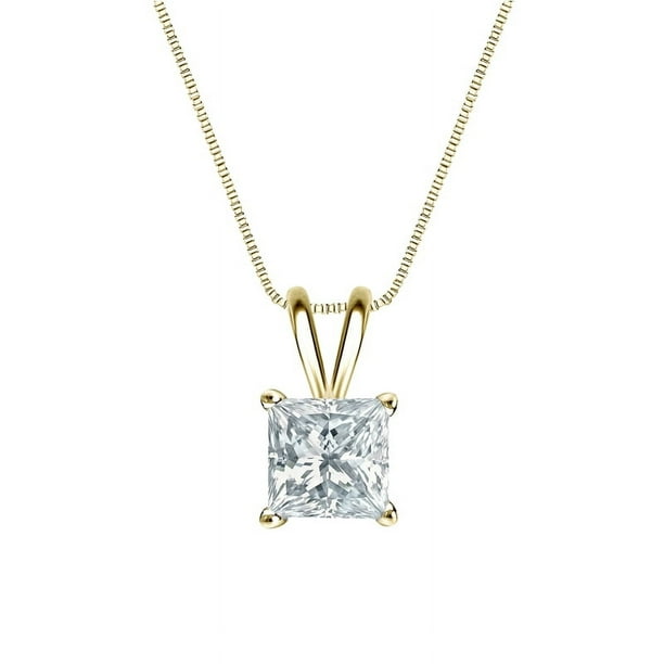 Collar Colgante Sencillo con Moissanita de Corte Princesa de 2 Quilates Certificada, Chapado en Oro Amarillo de 18 K sobre Plata