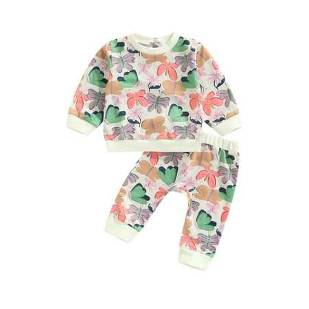 

Meihuida Toddler Baby 2PCS Pants Suit Long Sleeve Colorful Dinosaur/Butterfly Crew Pullover Tops Long Pants