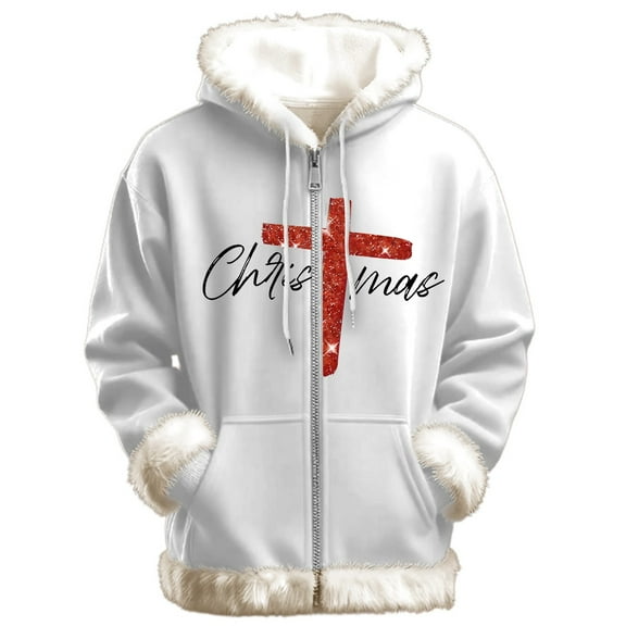 Telankuip Christmas Hoodies for Men Fuzzy Trim Zip up Drawstring Hooded Sweatshirts Christian Faith Long Sleeve Full Zipper Pullovers Oversized Xmas Holiday Tops White XL