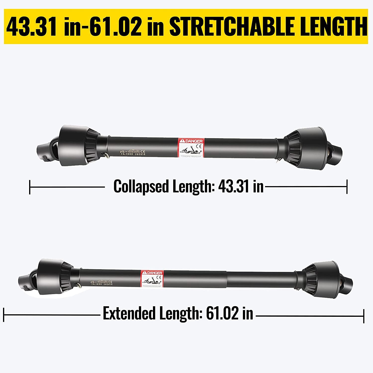 VEVORBrand PTO Shaft, 1-3/8" PTO Drive Shaft, 6 Spline Tractor, Round Implement Ends PTO Driveline Shaft, Series 4 Tractor PTO Shaft, 43"-61" Brush Hog PTO Shaft Black, for Finish Mower, Rotary Cutter