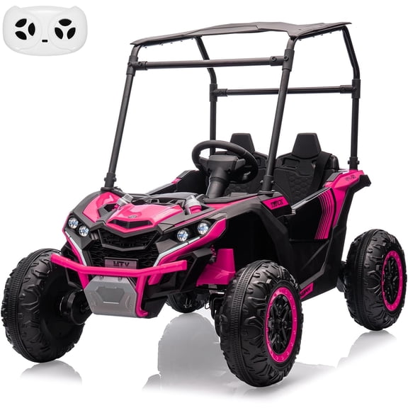 Rugerasy 24V 2 Seater Ride On for Ages 3 ,4WD Electric UTV Truck,Remote Control Off Road Ride On with Sun Shade,4 Shock Absorbers,LED Lights,Music & 3 Speeds,Rose Red