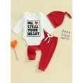 thumbnail image 2 of Suealasg Baby Boys Valentines Day Outfits Clothes 3M 6M 12M 18M Infant Boys Long Sleeve Letters Romper Sweatpants Hat 3Piece Casual Spring Clothing for Toddler Boys, 2 of 9